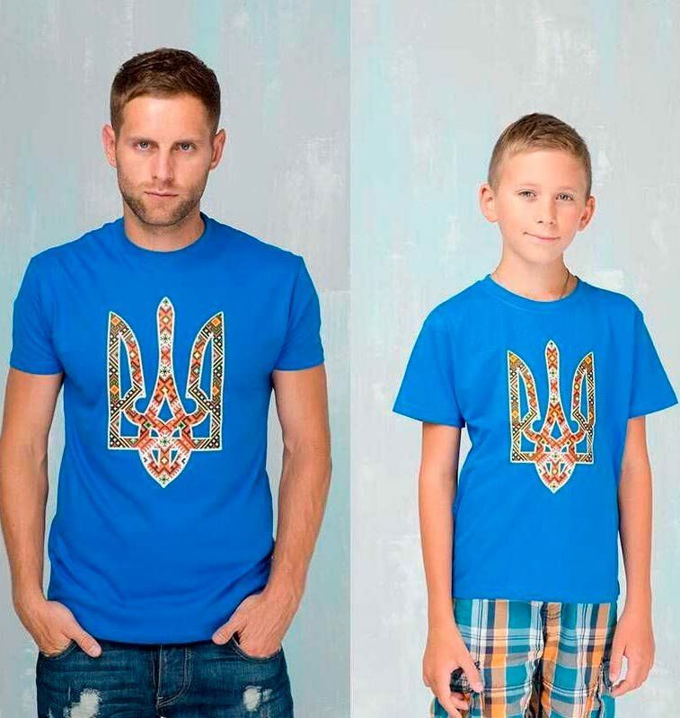 Парные футболки Тризуб вышиванки, синие, 1 взрослый + 1 детская