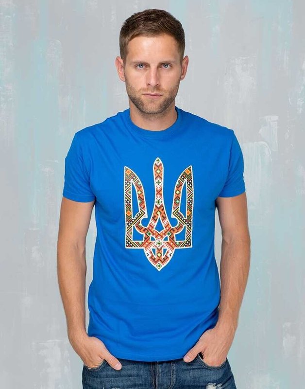 Чоловіча патріотична футболка: «ТРИЗУБ ВИШИВАНКА», синя, XS