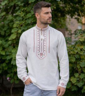 Men's embroidered shirt "Embroidered Paths" (milky-white linen), 42
