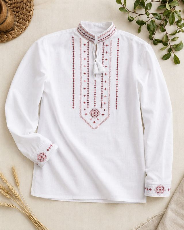 Men's embroidered shirt "Embroidered Paths" (milky-white linen), 42