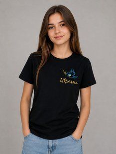 Black cotton T-shirt for girls with patriotic embroidery, 3-4 years