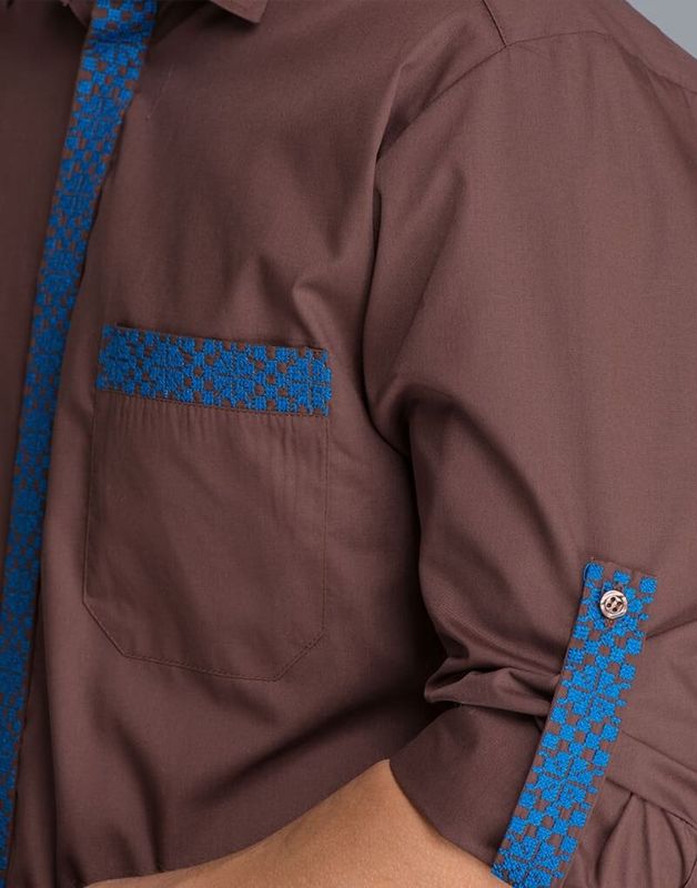 Сорочка чоловіча коричнева ПЛАНКА з синьою вишивкою, 38