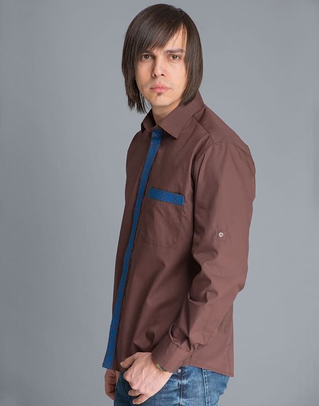 Сорочка чоловіча коричнева ПЛАНКА з синьою вишивкою, 38