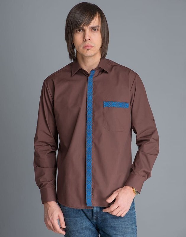 Рубашка мужская коричневая ПЛАНКА с синей вышивкой, 38