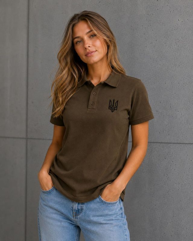 Damska koszulka polo w kolorze khaki z czarnym haftem Trident, L