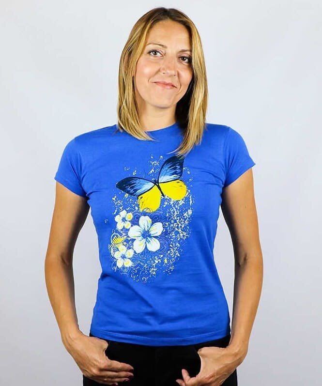 Жіноча футболка з принтом «Метелики», синя, S