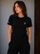 Black women's cotton T-shirt with yellow Tryzub embroidery and a flag patch., S