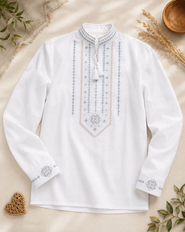 Men's embroidered shirt "Embroidered Paths" &ndash; milk-colored linen with beige and blue embroidery., 42