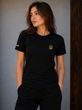 Black women's cotton T-shirt with yellow Tryzub embroidery and a flag patch., S