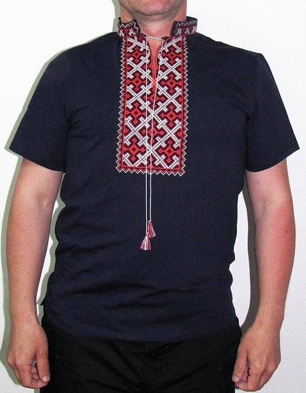 Футболка вишиванка чоловіча Козацький хрест, темно-синя з червоною вишивкою, рукав короткий, S