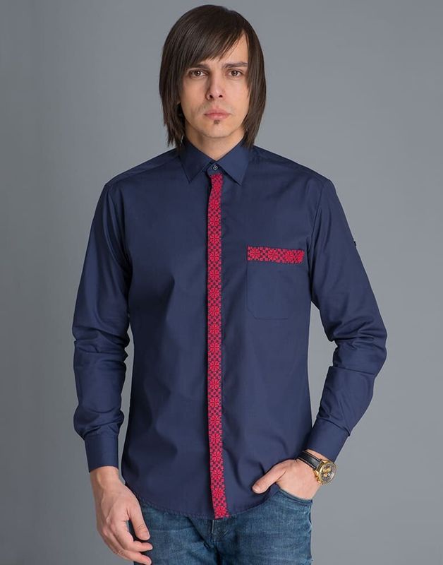 Niebieska koszula męska PLANK z czerwonym haftem, 38