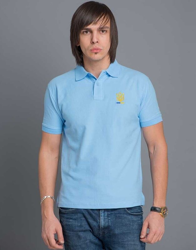 Мужская патриотическая футболка поло: «ТРИЗУБ», вышивка, голубая, XS