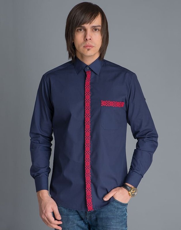 Рубашка мужская синяя Планка с красной вышивкой, 38