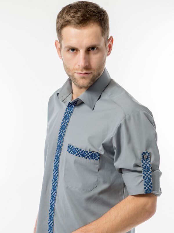 Рубашка мужская серая ПЛАНКА с синей вышивкой, 38