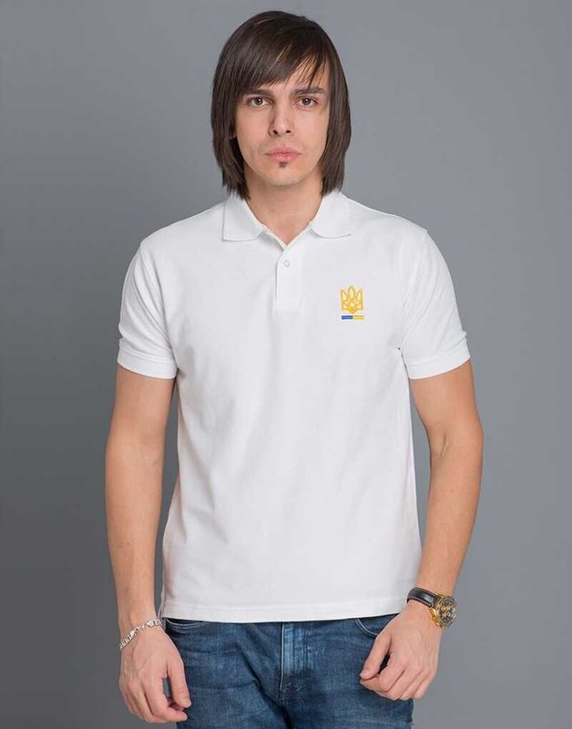 Мужская патриотическая футболка поло: «ТРИЗУБ», вышивка, белая, XS