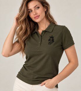 Damska koszulka polo w kolorze khaki z haftem przedstawiającym lwa, S