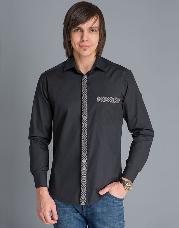 Рубашка мужская черная планка с серой вышивкой, 38