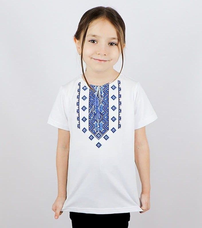 T-shirt z haftem dla dziewczynki "ALATYRKO", haft w kolorze niebieskim, biały, 80/86cm