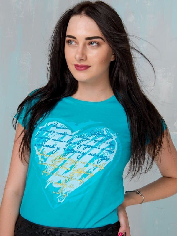 Жіноча футболка з принтом «Любіть Україну», бірюзова, S