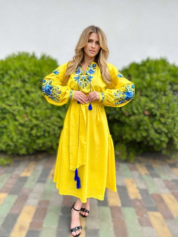 Sukienka damska haftowana Polne kwiaty, żółta, 40