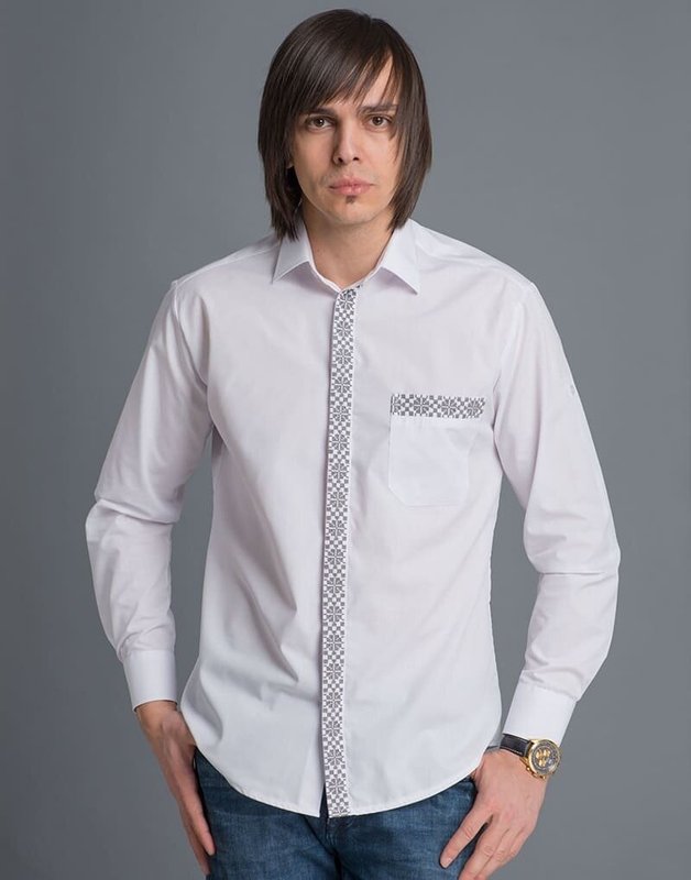 Рубашка мужская белая планка с серой вышивкой, 38