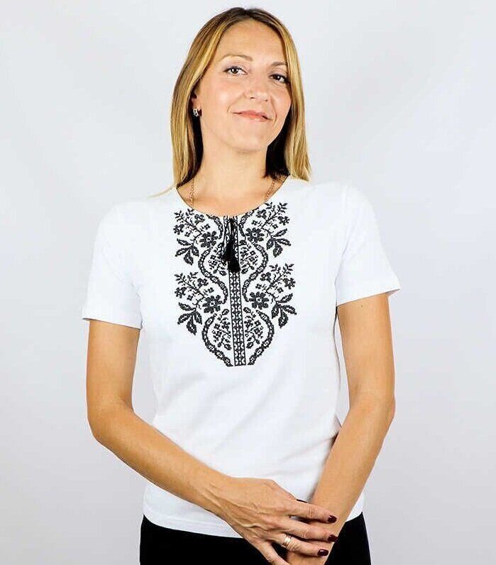 Жіноча вишита футболка Сокальська біла з чорною вишивкою, M