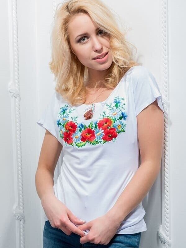 Жіноча вишита футболка Польові квіти, біла, XL