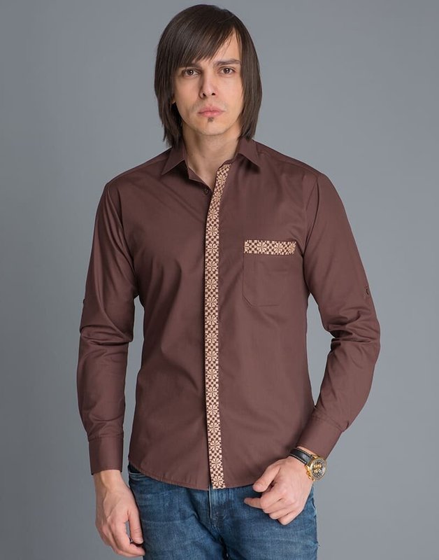 Рубашка мужская коричневая Планка с бежевой вышивкой, 38