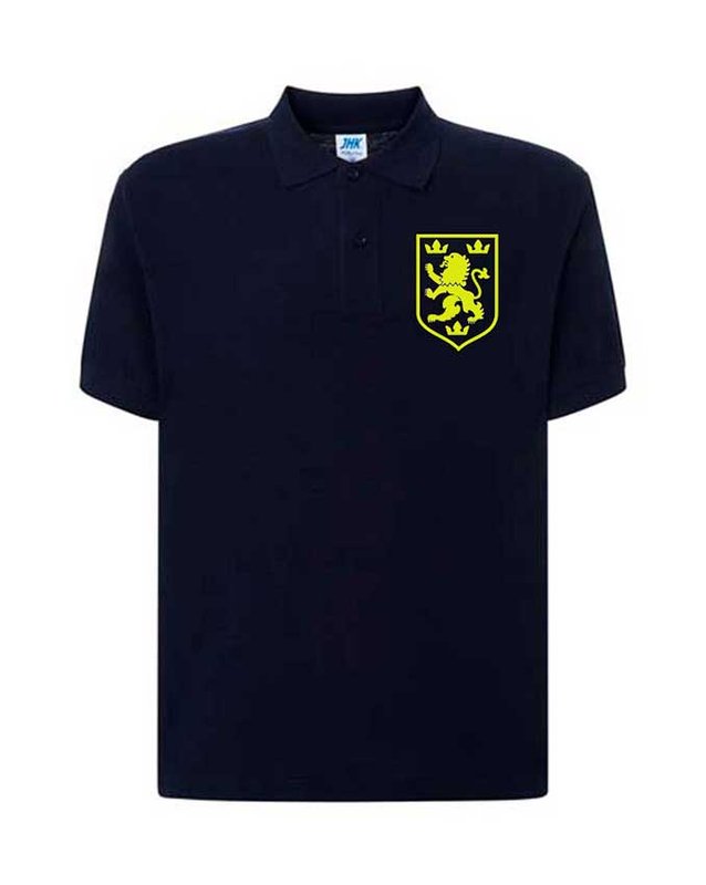 Męska patriotyczna koszulka polo: galicyjski lew, żółty haft, ciemnoniebieski, XS