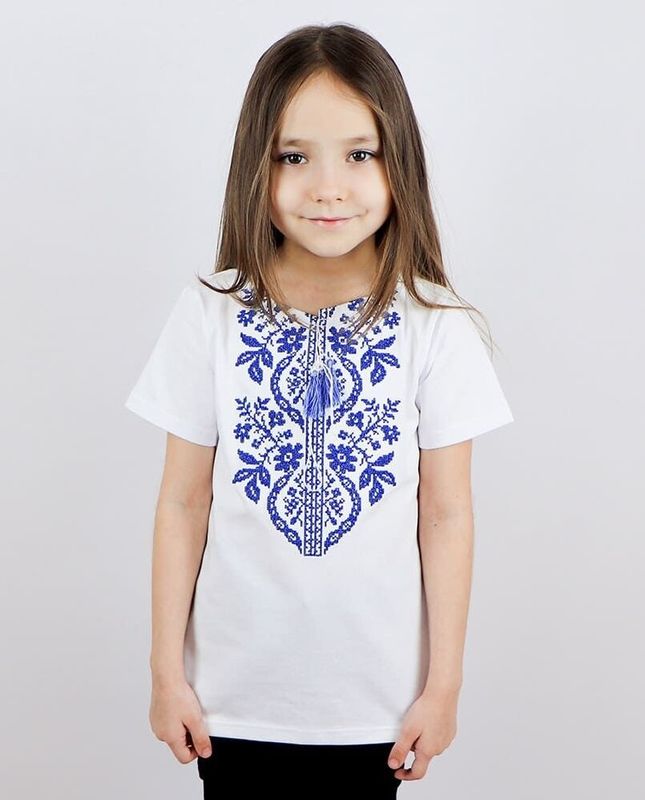 T-shirt haftowany dla dziewczynki haft Sokal, haft niebieski - biały, 80/86cm