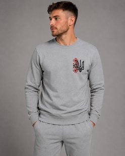 Męska szara bluza z czarno-czerwonym haftem (tryzub i wz&oacute;r ornamentalny), XS