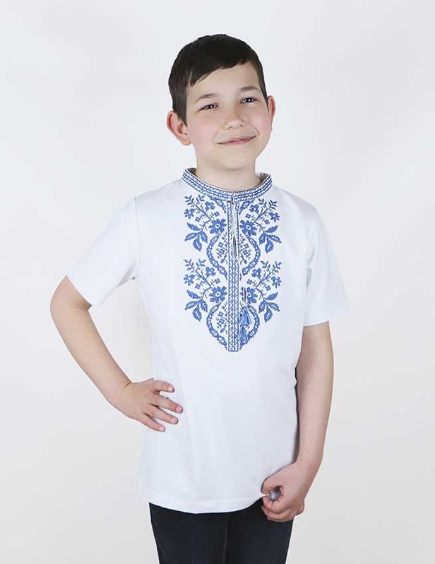 T-shirt haftowany dla chłopca Sokalska, haft w kolorze niebieskim, biały, 152/158 cm