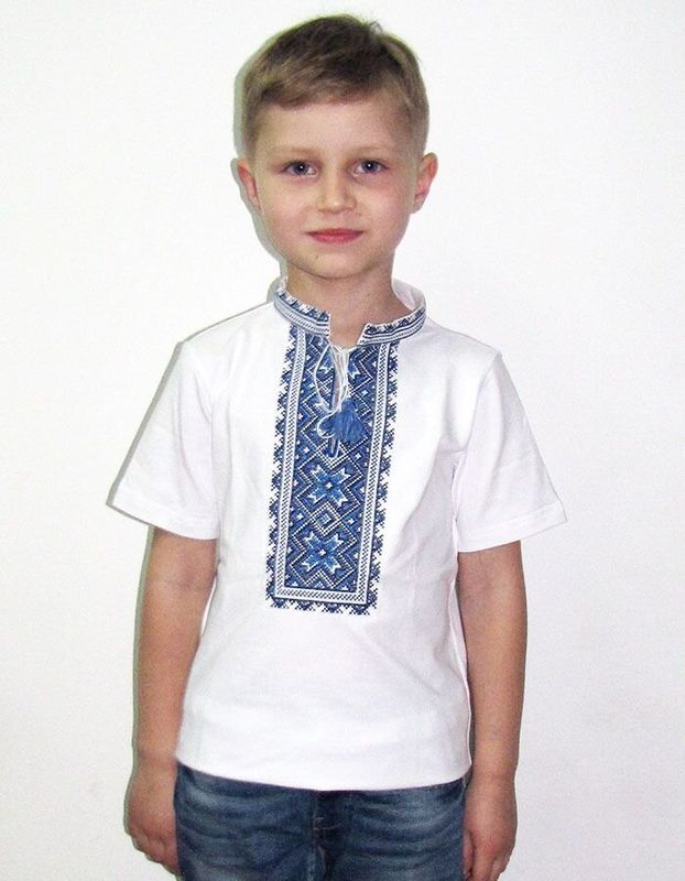 Embroidered t-shirt for a boy: "ALATYRKO", blue embroidery, white, 80/86cm