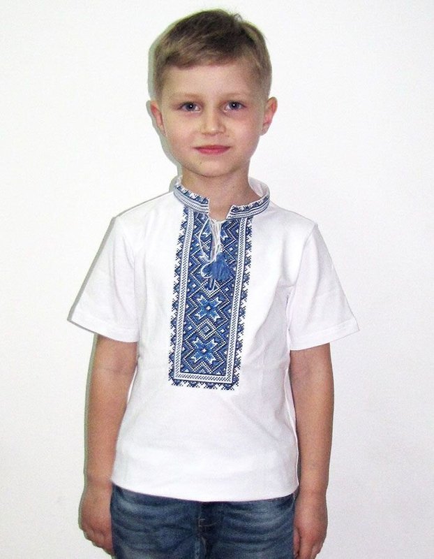 Вишита футболка для хлопчика: «АЛАТИРКО», синя вишивка, біла, 80/86  см
