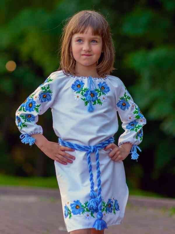 Детское вышитое платье: «ФЕЕРИЯ», синяя вышивка, 80/86  см
