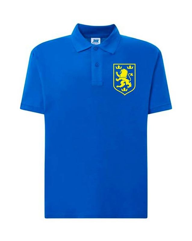 Men's patriotic polo shirt: "Halytskyi Lev", yellow embroidery, blue, XS