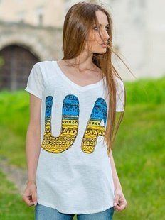Жіноча футболка з принтом &laquo;UA синьо-жовта&raquo;, біла реглан, L