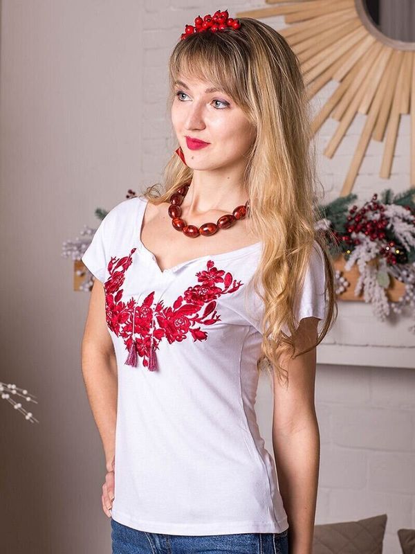 Жіноча вишита футболка Ружа етно біла з бордовою вишивкою, 6XL