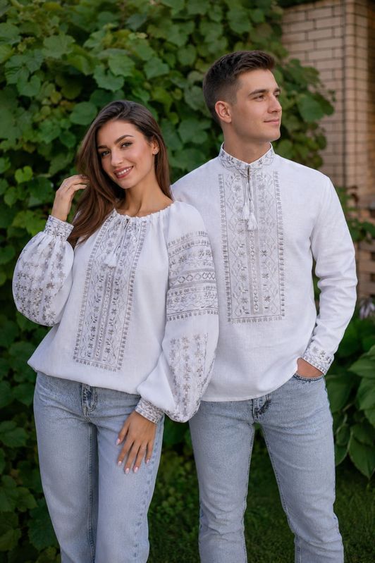 "Svitlolad" women's embroidered shirt: homespun fabric with grey embroidery., 40