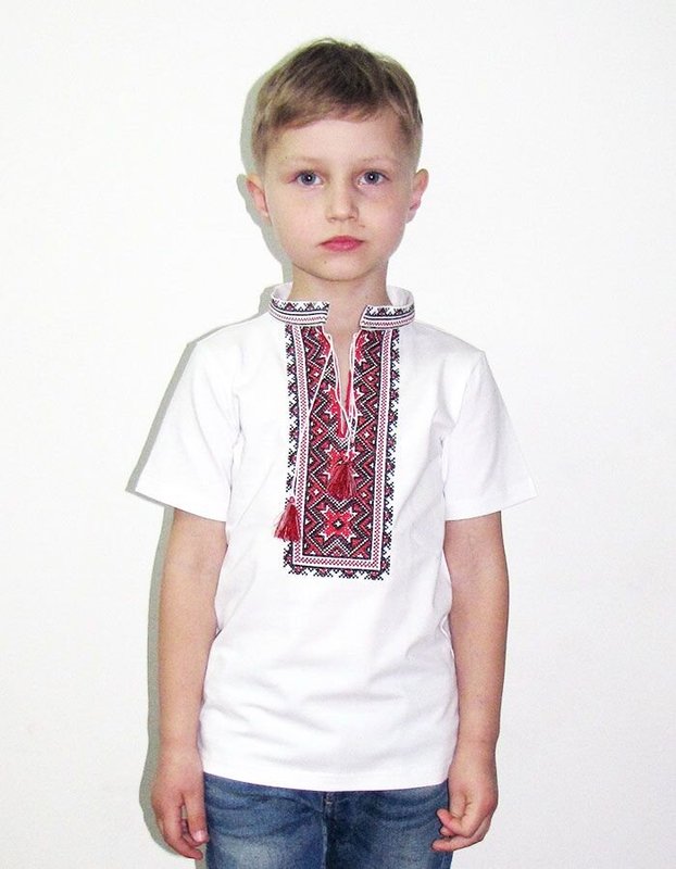 Вишита футболка для хлопчика АЛАТИРКО, червона вишивка,біла, 80/86  см
