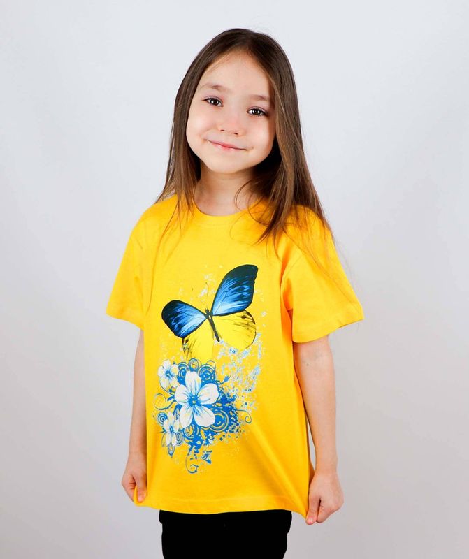 Футболка для дівчинки Метелики, жовта, 3-4 роки