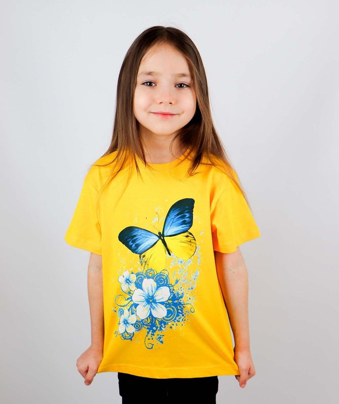 Футболка для дівчинки Метелики, жовта, 3-4 роки