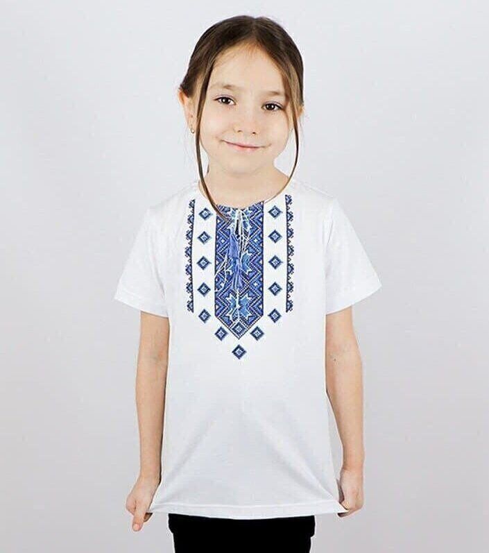 T-shirt z haftem dla dziewczynki "ALATYRKO", haft w kolorze niebieskim, biały, 128 /134 cm