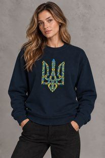Damska ciemnoniebieska bluza dresowa (dzianina trzynitkowa) z haftowanym tryzubem, XS