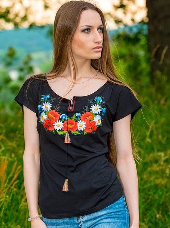 Женская вышитая футболка Полевые цветы, черная, XS