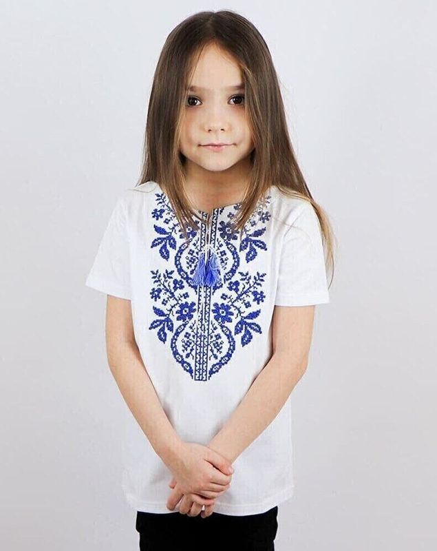 T-shirt haftowany dla dziewczynki haft Sokal, haft niebieski - biały, 128 /134 cm
