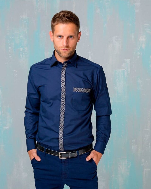 Рубашка мужская синяя Планка с серой вышивкой, 38