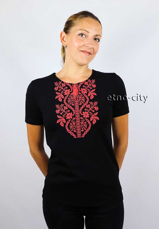 Women's embroidered T-shirt Sokalska black with red embroidery, XS