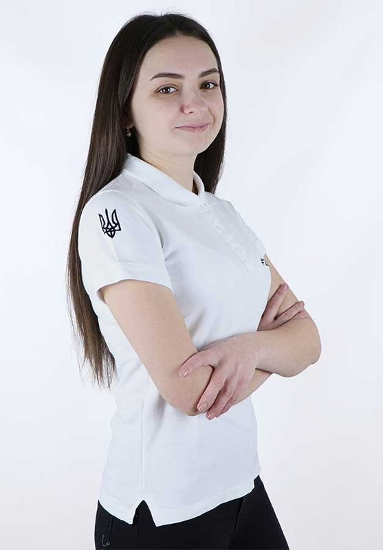 Women's patriotic polo shirt Ukraine, black embroidery, white, S