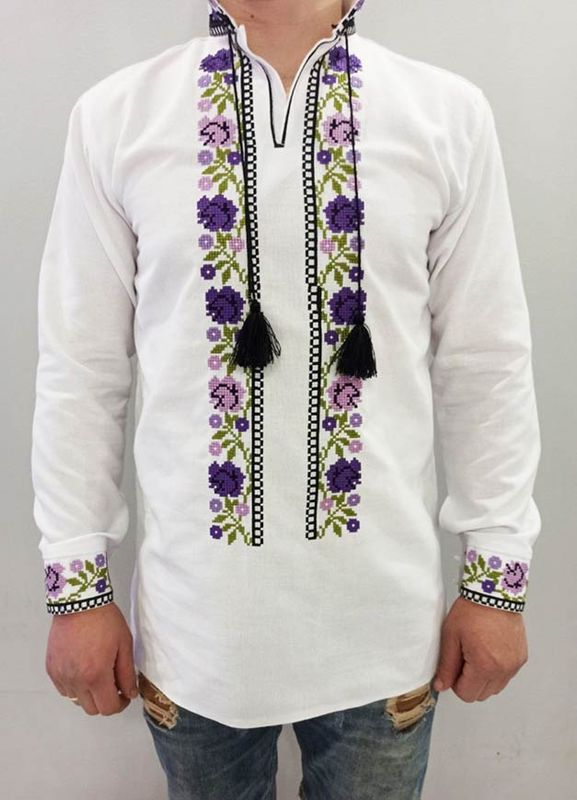 Men's embroidered French flowers purple - long sleeve, M